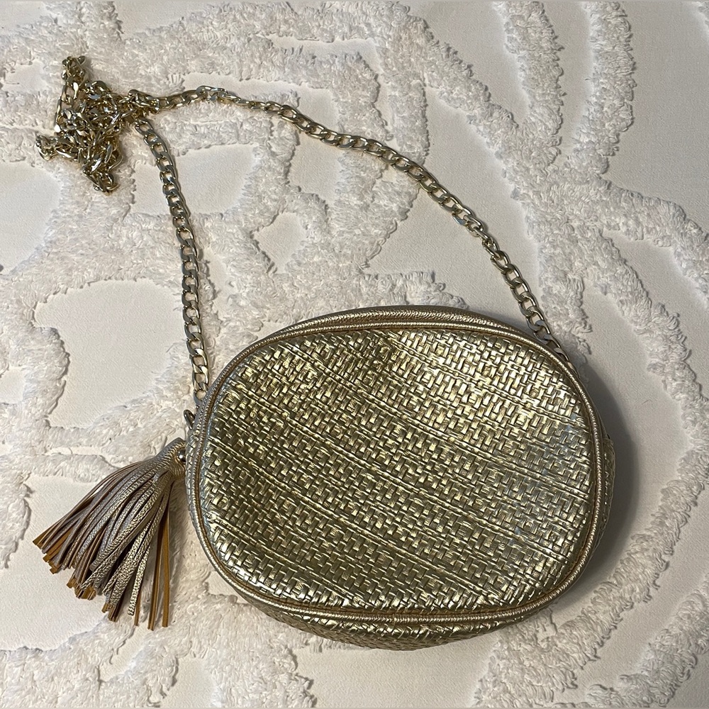 Woven Metallic Gold Purse with Fringe Tassel - Picture 2 of 8